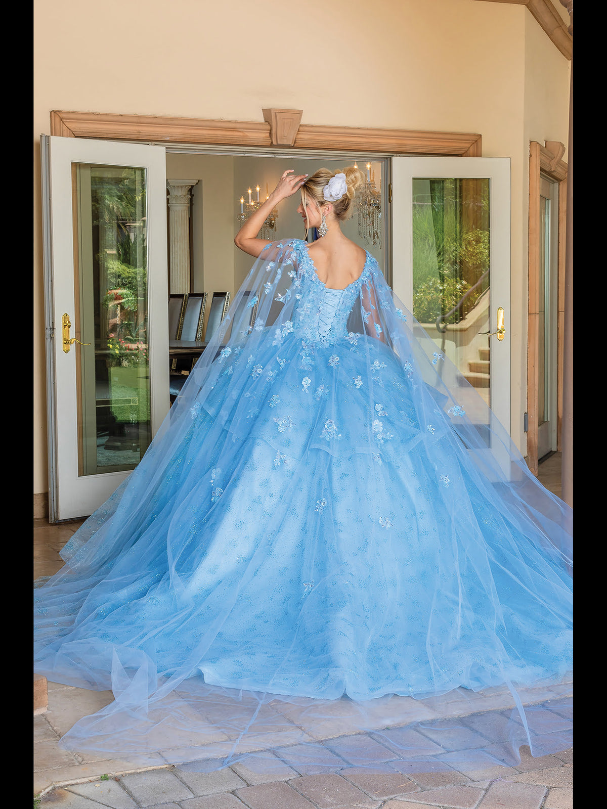 Dancing Queen 1702 quinceanera dress in bahama blue, back view