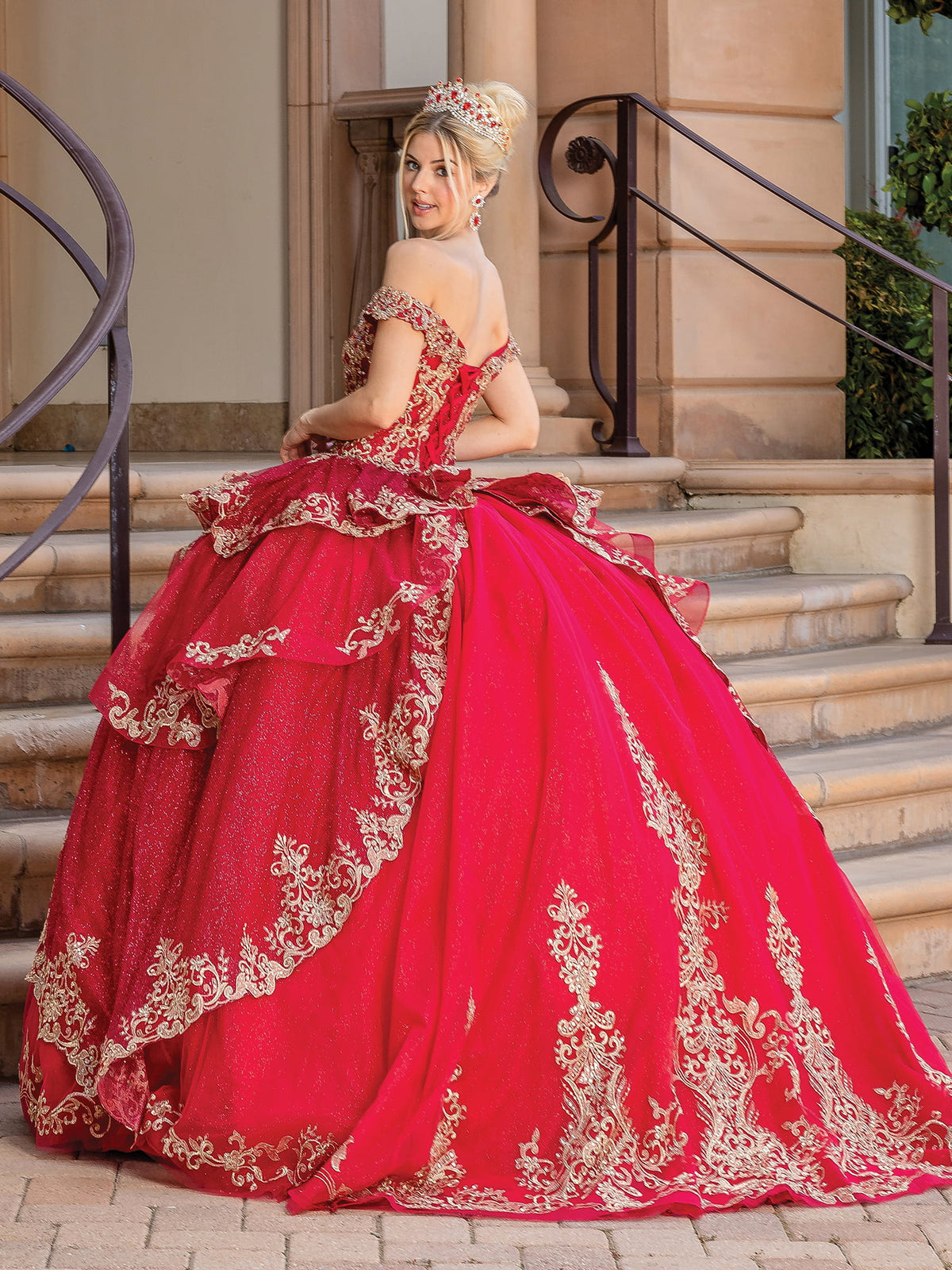 Dancing Queen 1720 quinceanera dress in burgundy, back view