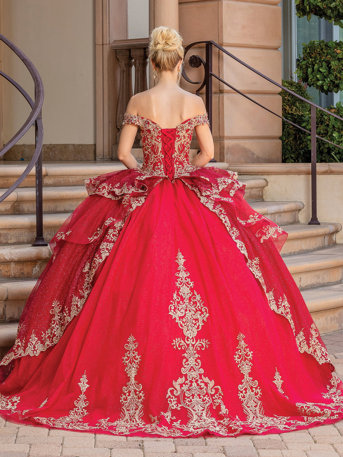 Dancing Queen 1720 quinceanera dress in burgundy, back view
