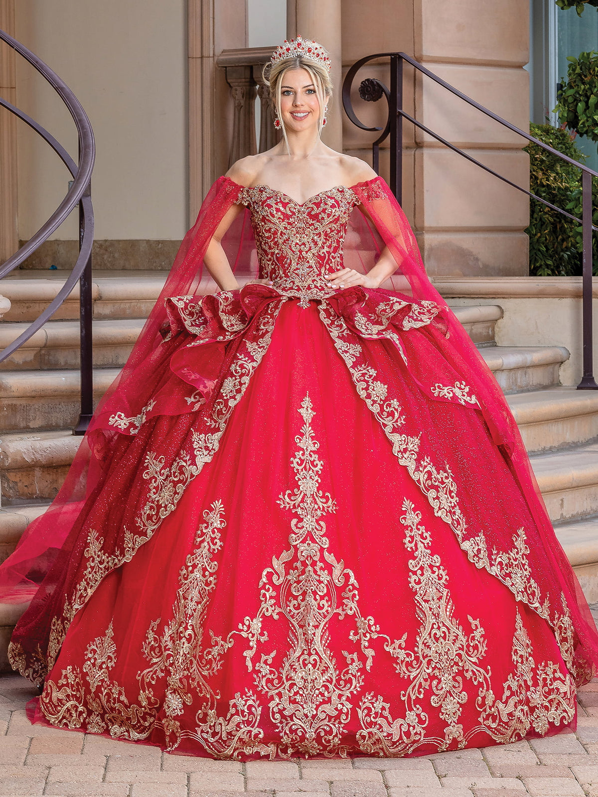 Dancing Queen 1720 quinceanera dress in burgundy, front view
