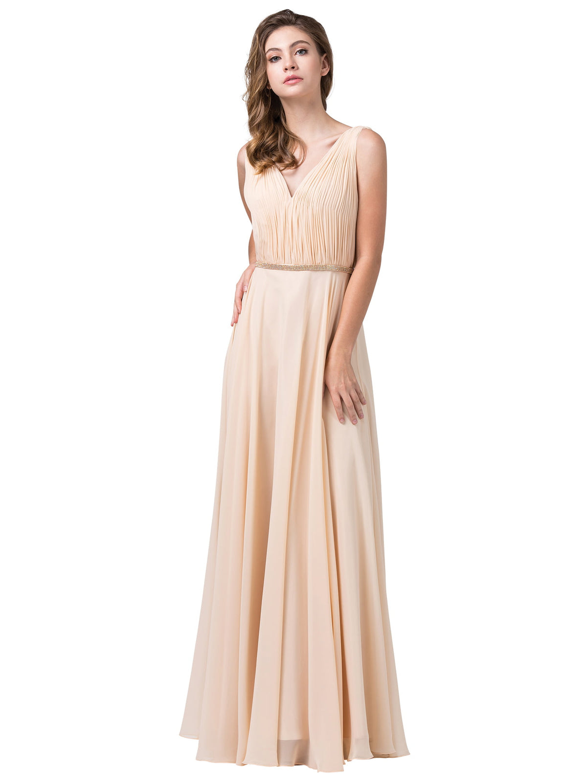 Dancing Queen 2588 prom dress in champagne, front view