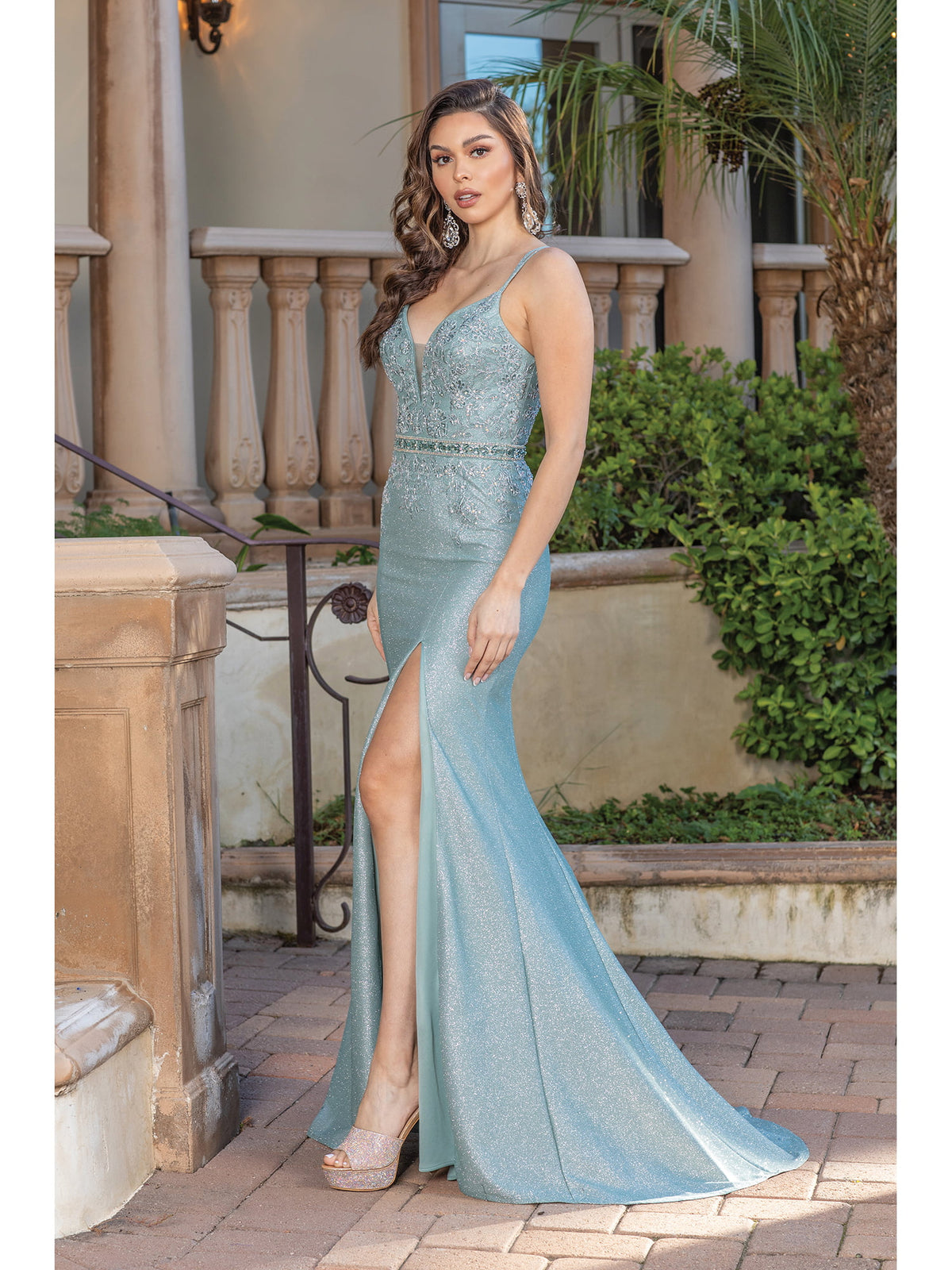 Dancing Queen 2981 prom dress in dusty green, front view