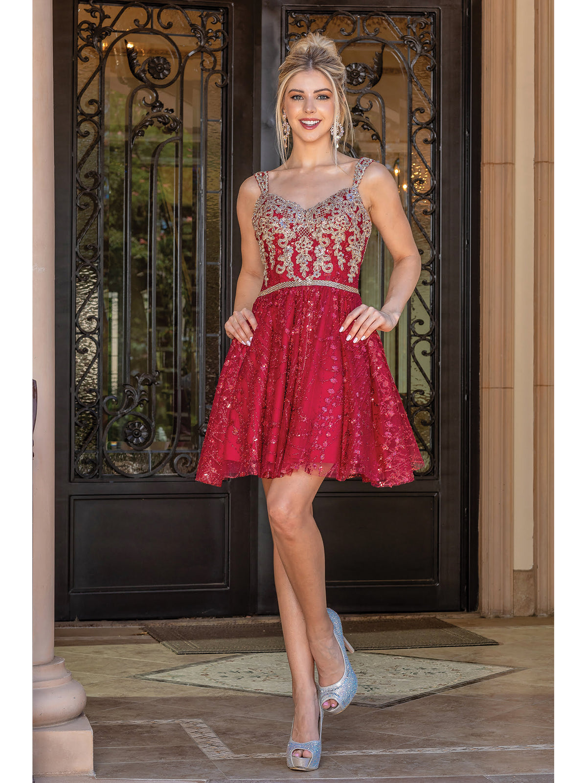 Dancing Queen 3222 homecoming dress in burgundy, front view