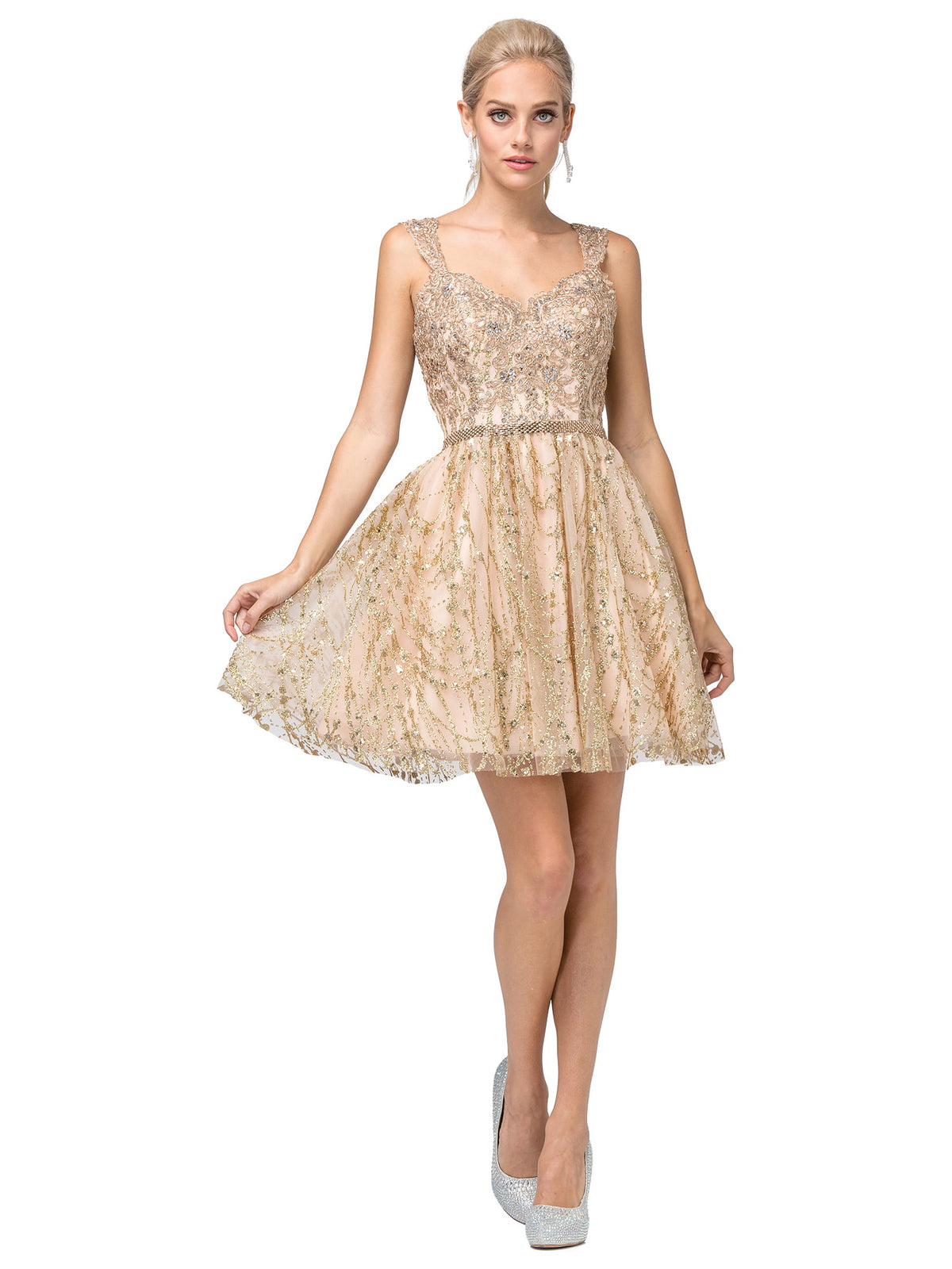Dancing Queen 3222 homecoming dress in gold, front view