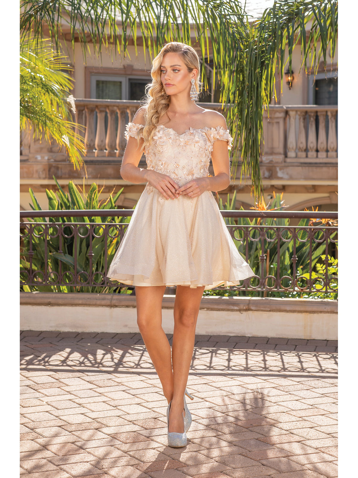 Dancing Queen 3254 homecoming dress in champagne, front view