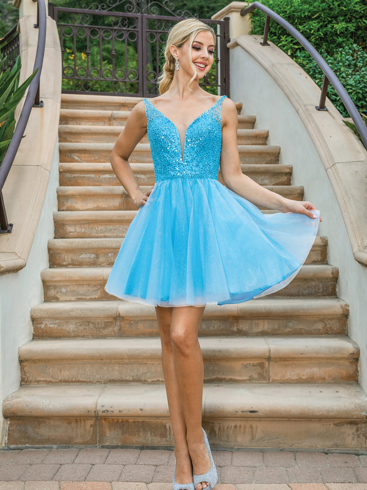 Dancing Queen 3266 homecoming dress in bahama blue, front view