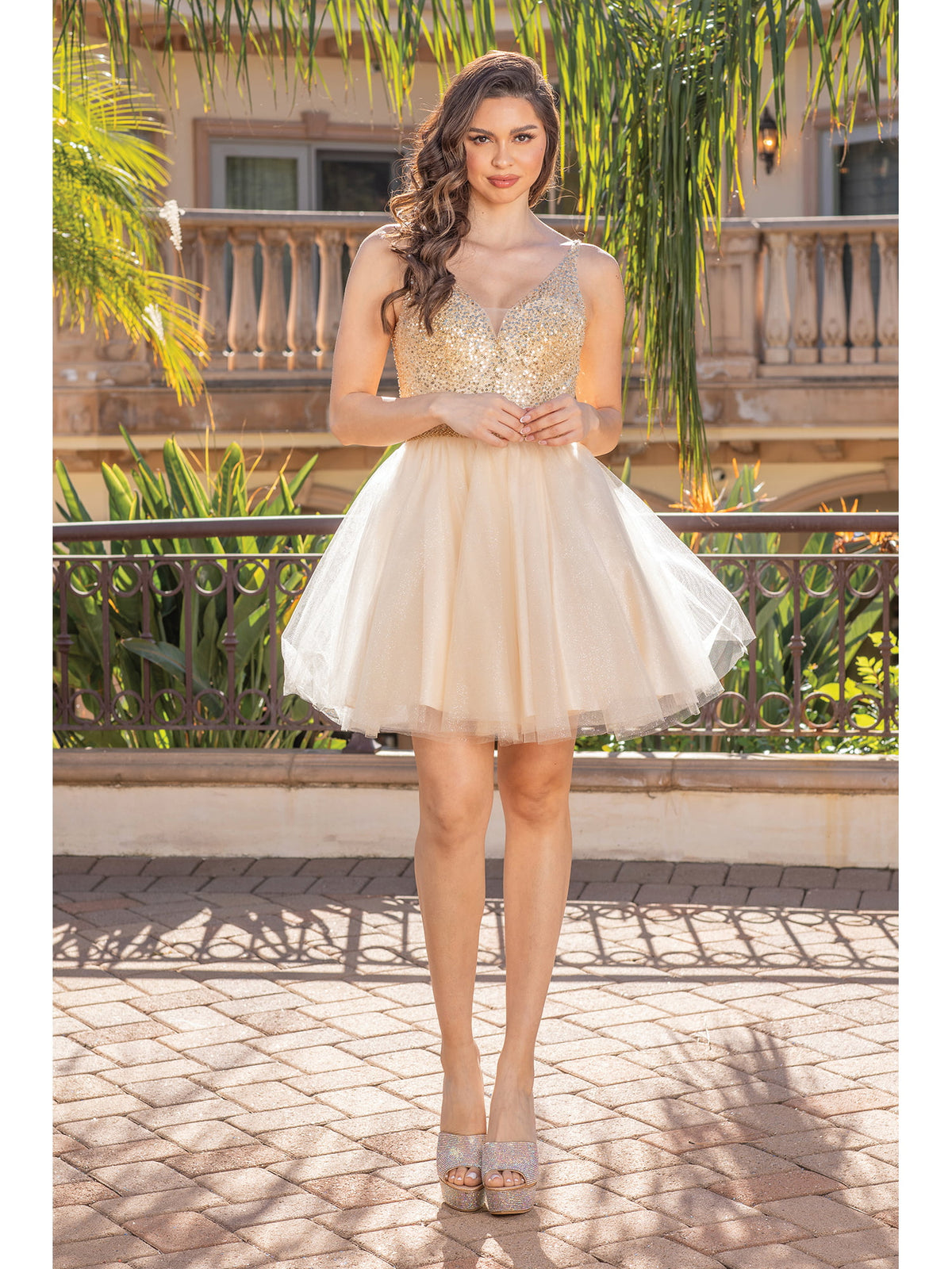 Dancing Queen 3266 homecoming dress in gold, front view