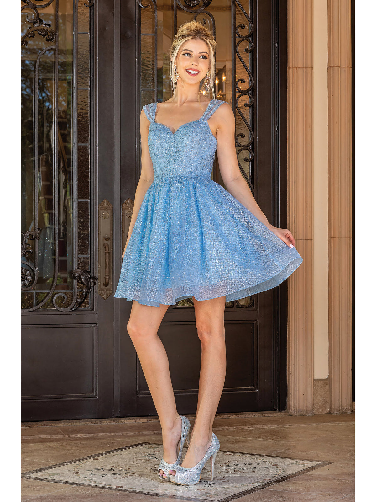Dancing Queen 3276 homecoming dress in bahama blue, front view