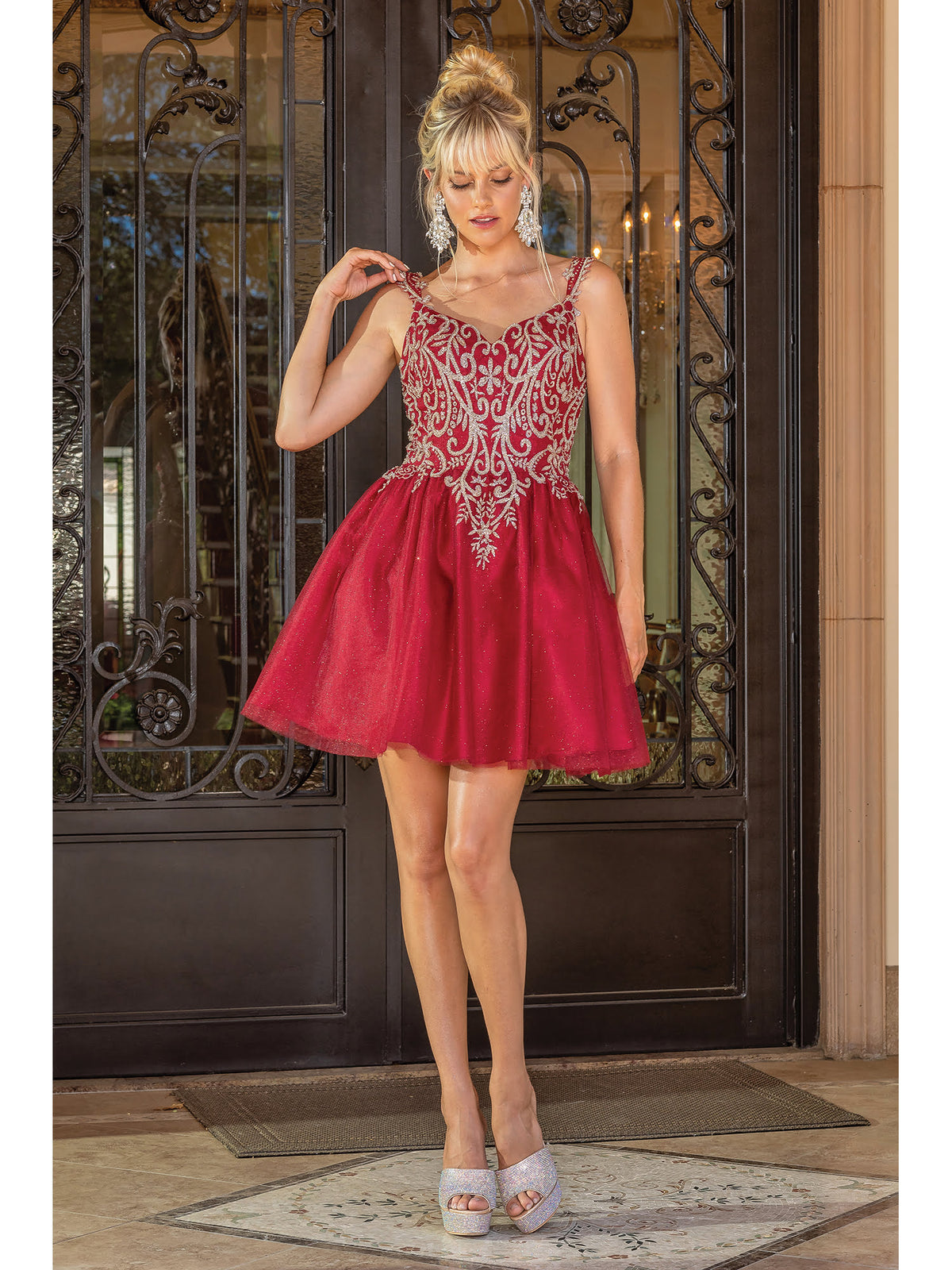 Dancing Queen 3295 homecoming dress in burgundy, front view