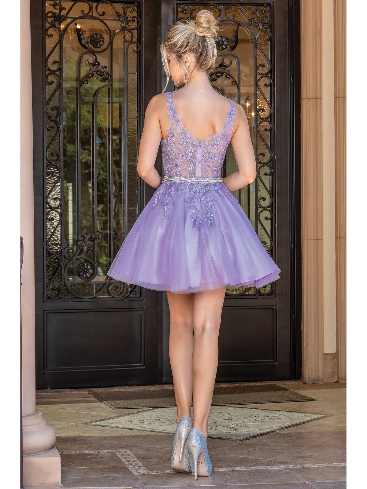 Dancing Queen 3296 homecoming dress in lilac, back view
