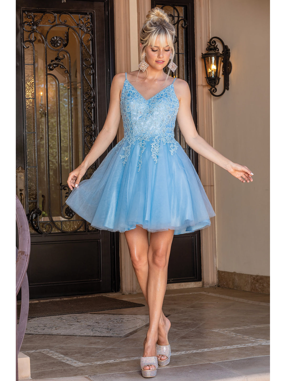 Dancing Queen 3303 homecoming dress in bahama blue, front view