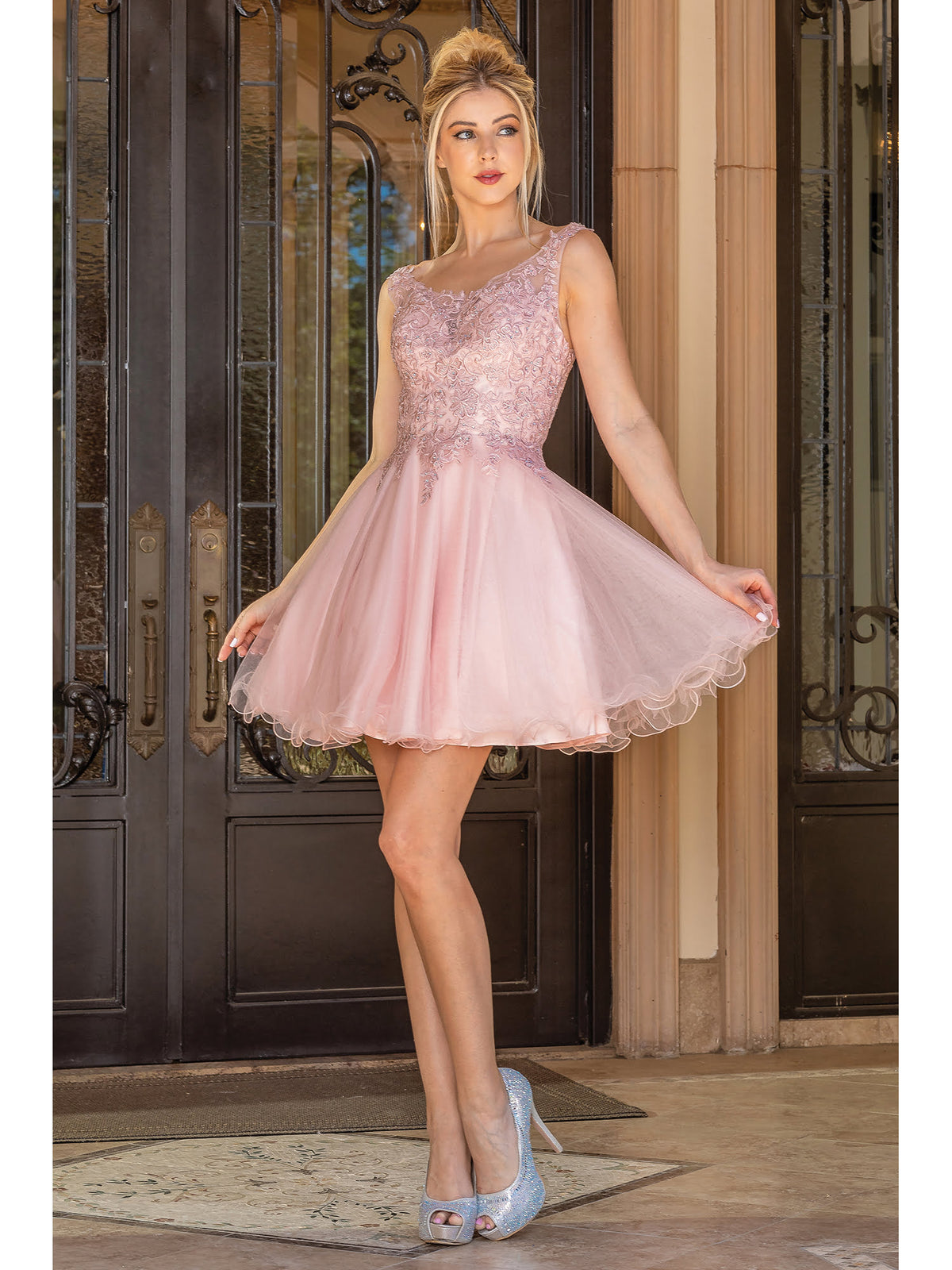 Dancing Queen 3304 homecoming dress in blush, front view