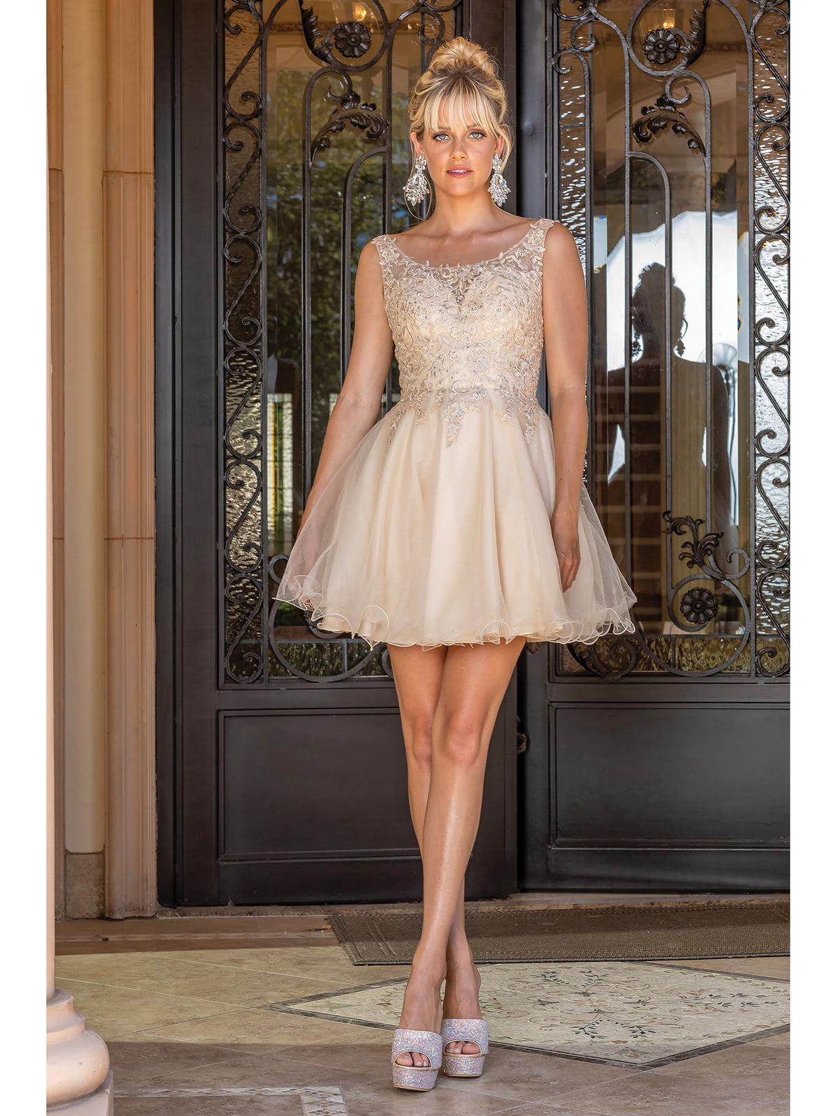 Dancing Queen 3304 homecoming dress in champagne, front view