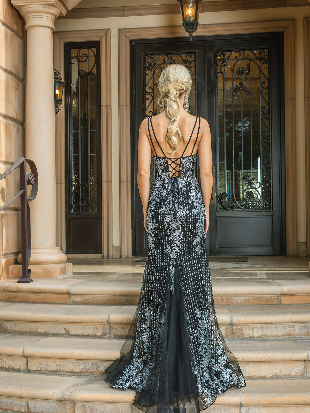 Dancing Queen 4227 prom dress in black, back view
