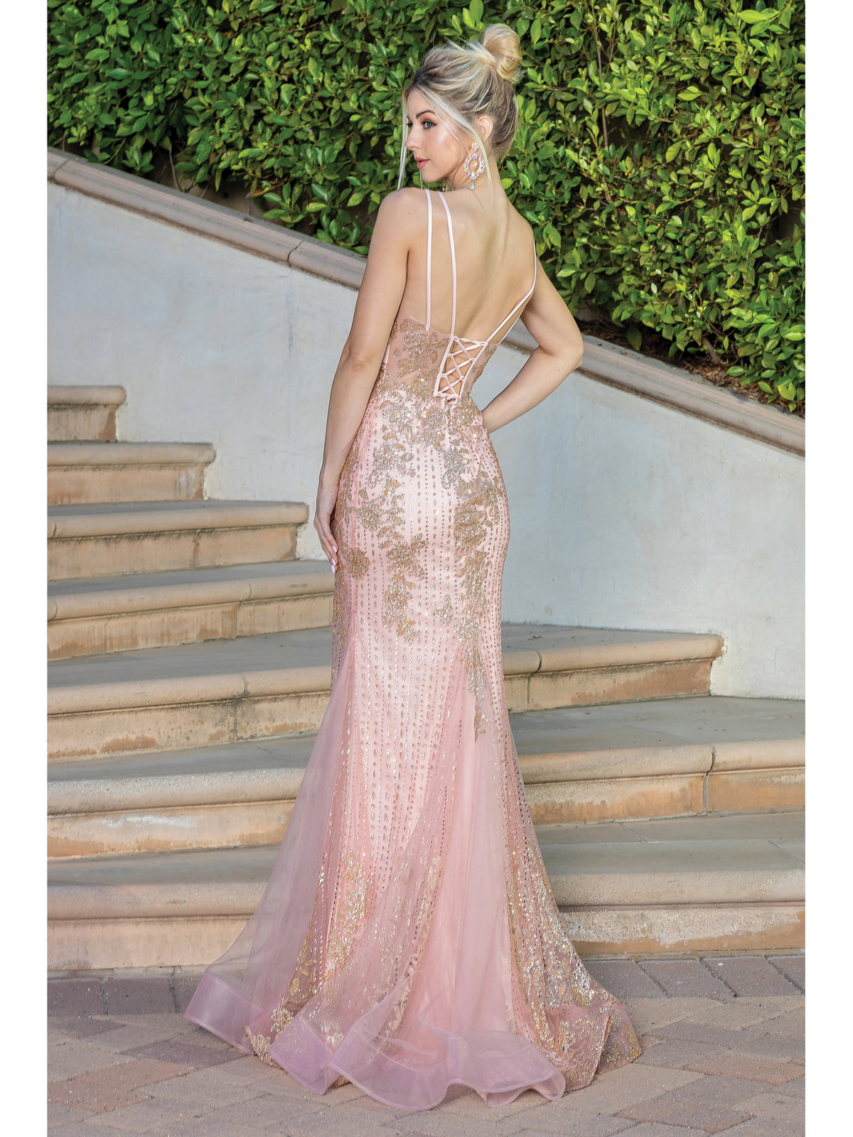 Dancing Queen 4227 prom dress in rose gold, back view