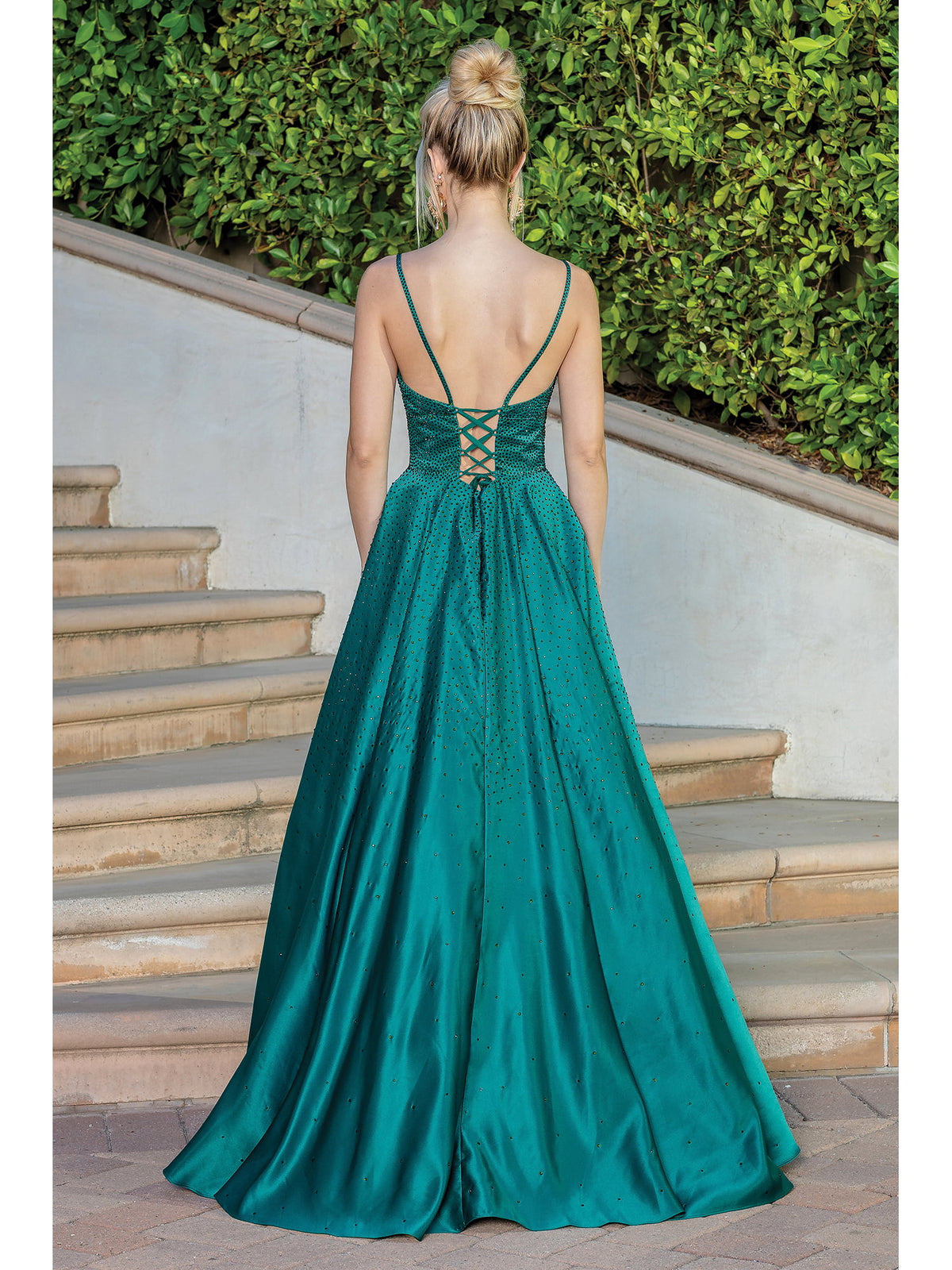 Dancing Queen 4256 prom dress in hunter green, back view