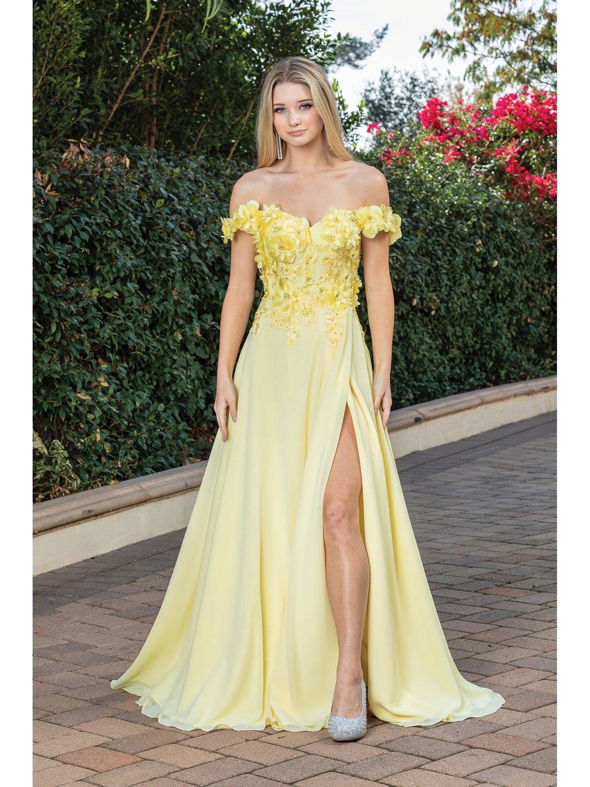 Dancing Queen 4268 prom dress in yellow, front view