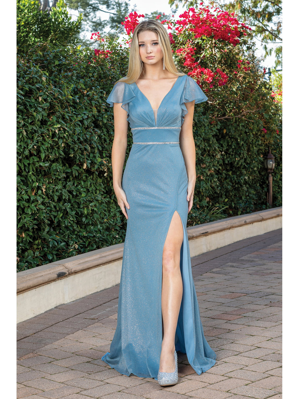 Dancing Queen 4279A prom dress in dusty blue, front view