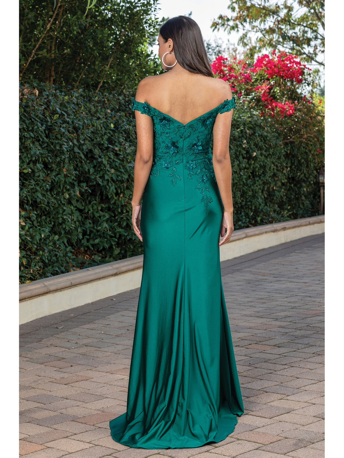 Dancing Queen 4291 prom dress in hunter green, back view