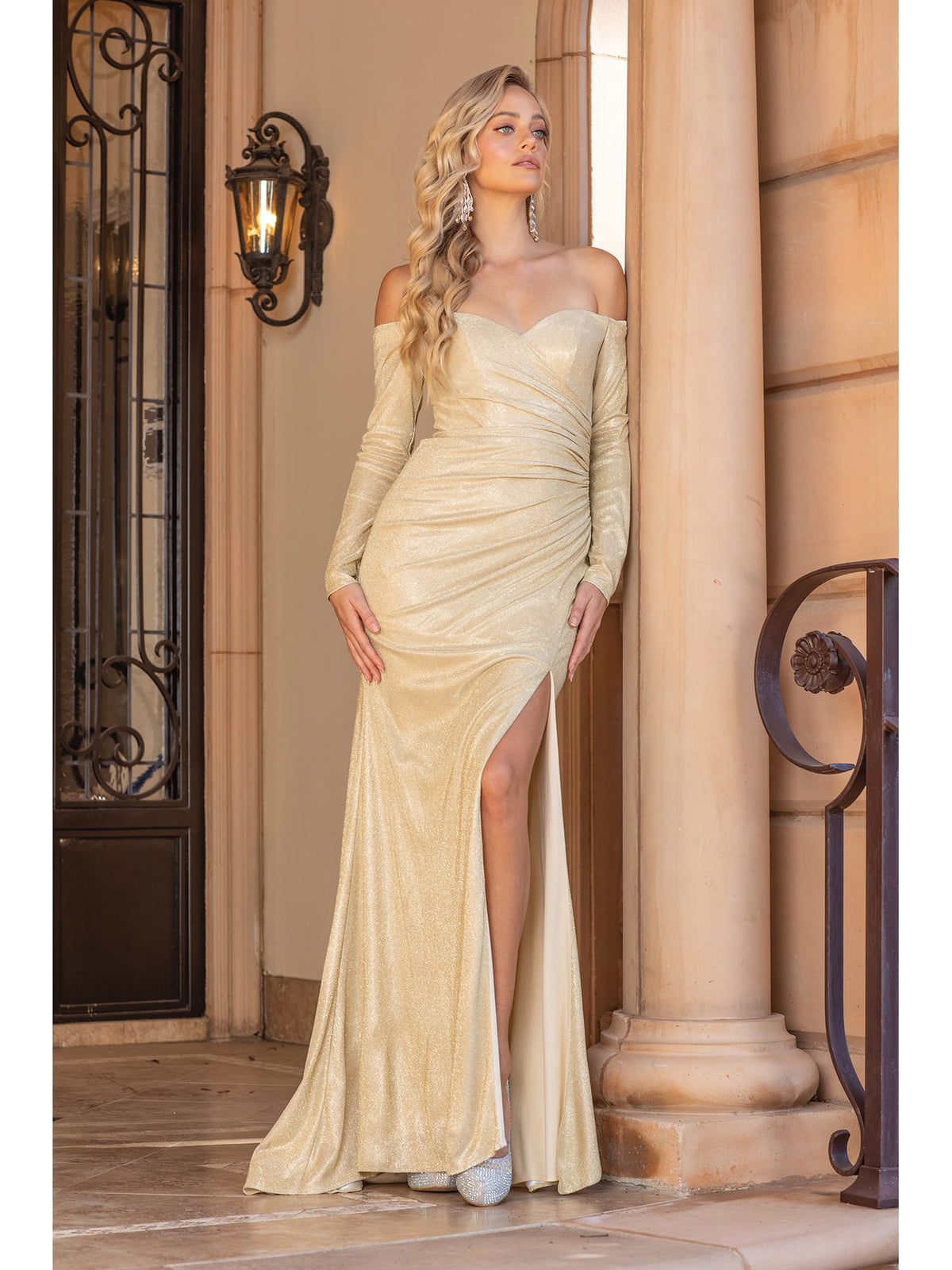 Dancing Queen 4298 prom dress in gold, front view