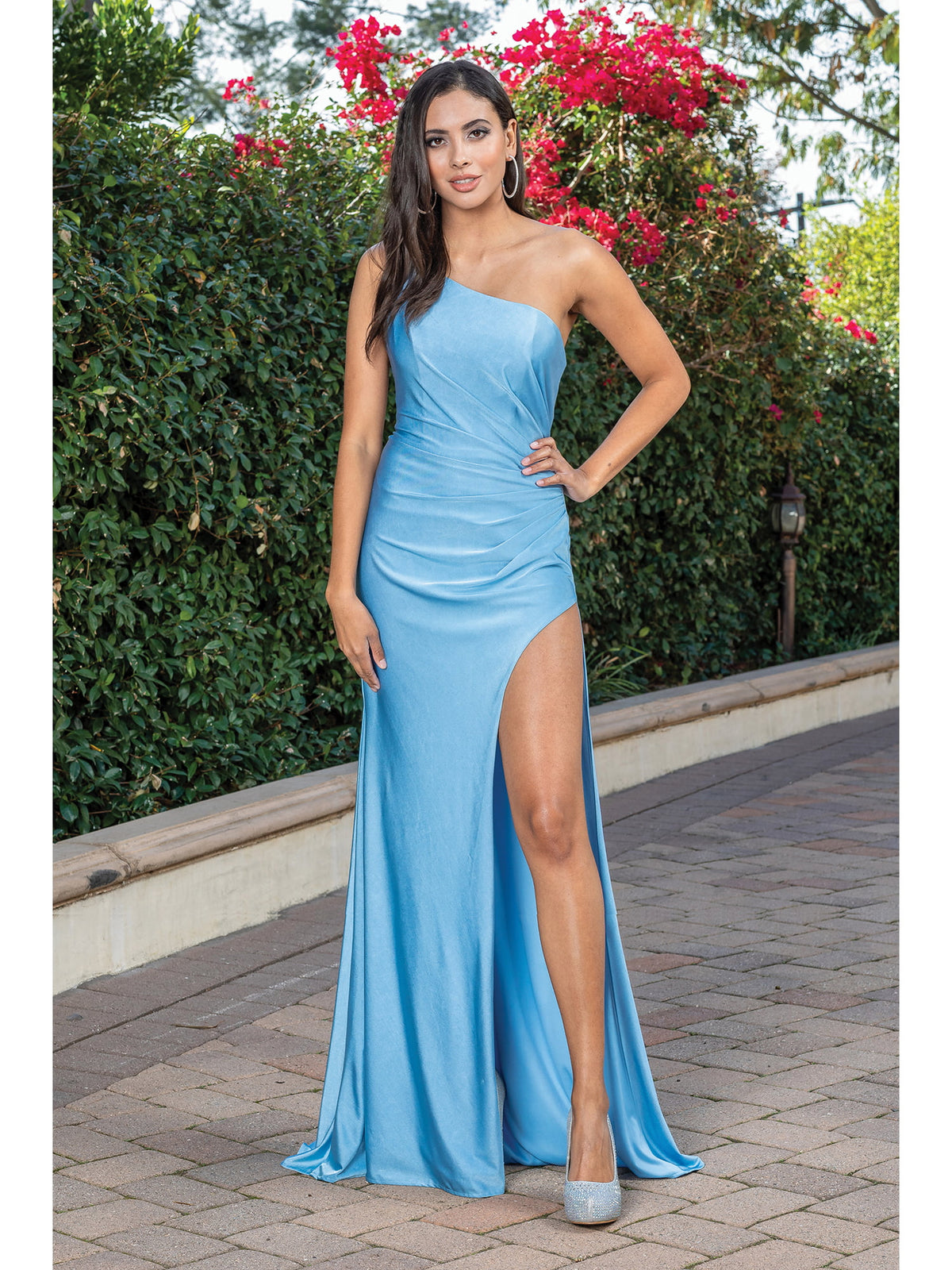 Dancing Queen 4299 prom dress in dusty blue, front view