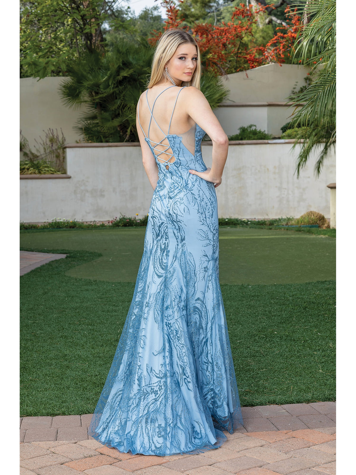 Dancing Queen 4302 prom dress in dusty blue, back view