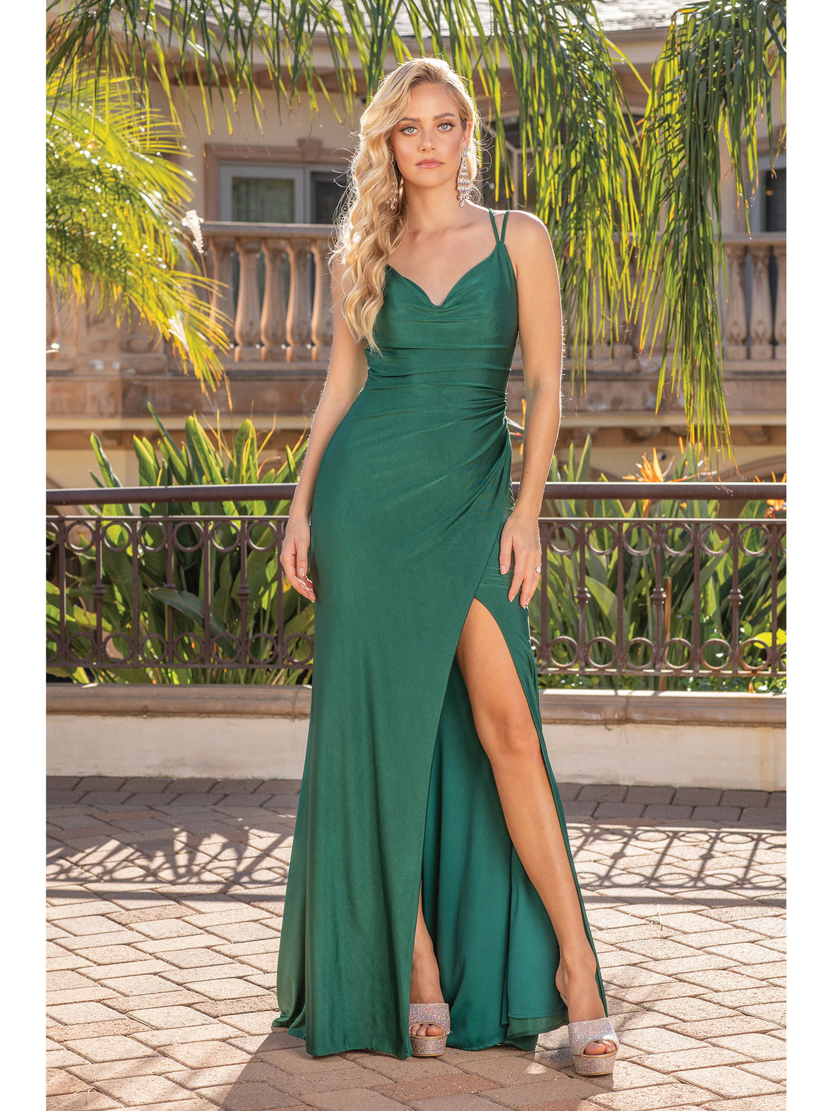 Dancing Queen 4305 prom dress in hunter green, front view