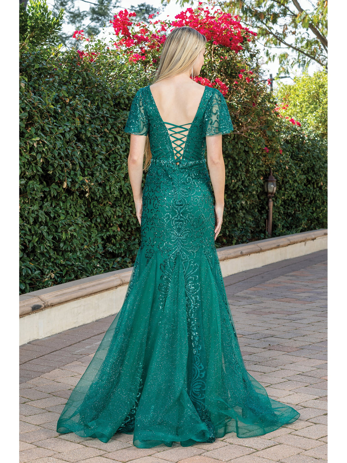 Dancing Queen 4309A prom dress in hunter green, back view