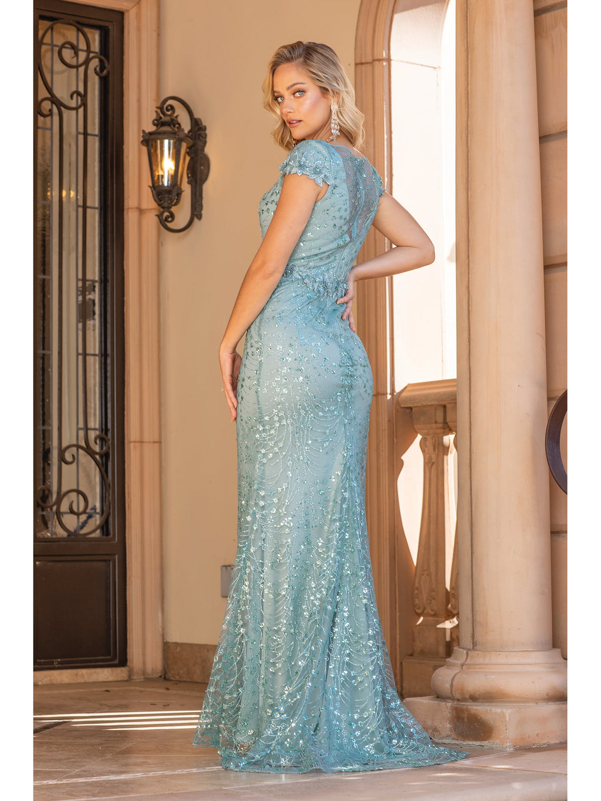 Dancing Queen 4329 prom dress in sage, back view
