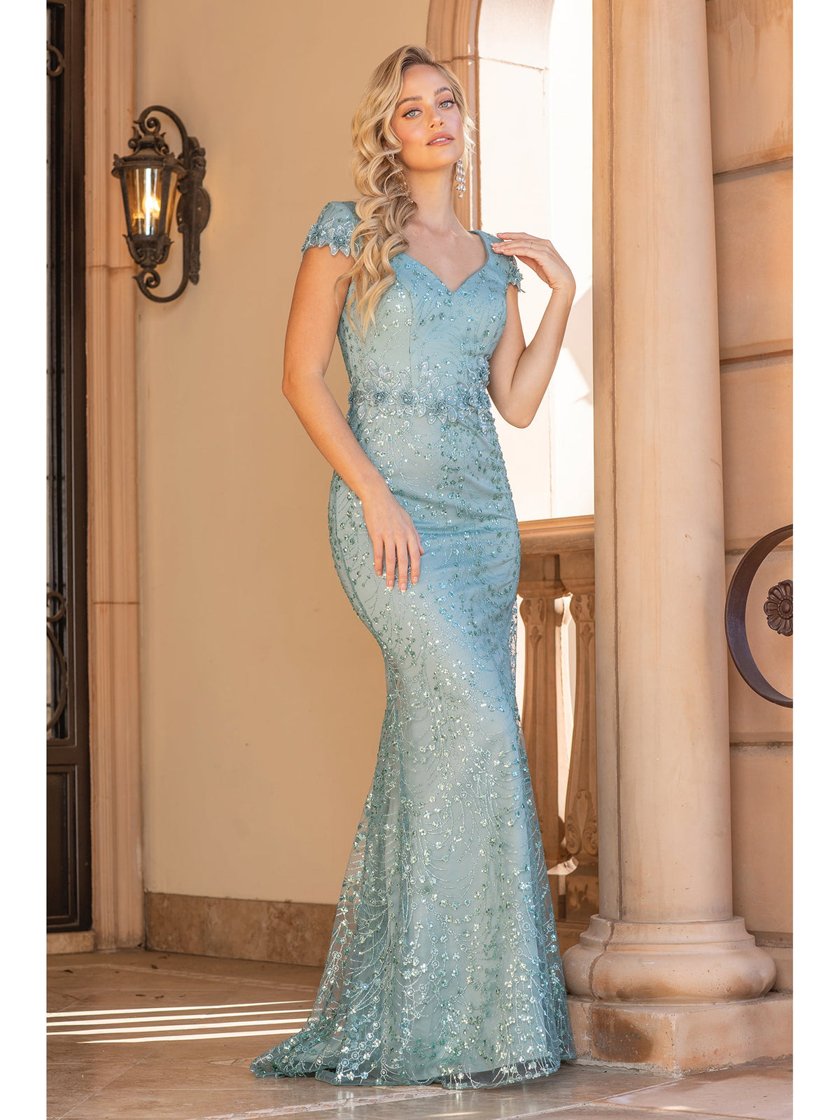 Dancing Queen 4329 prom dress in sage, front view