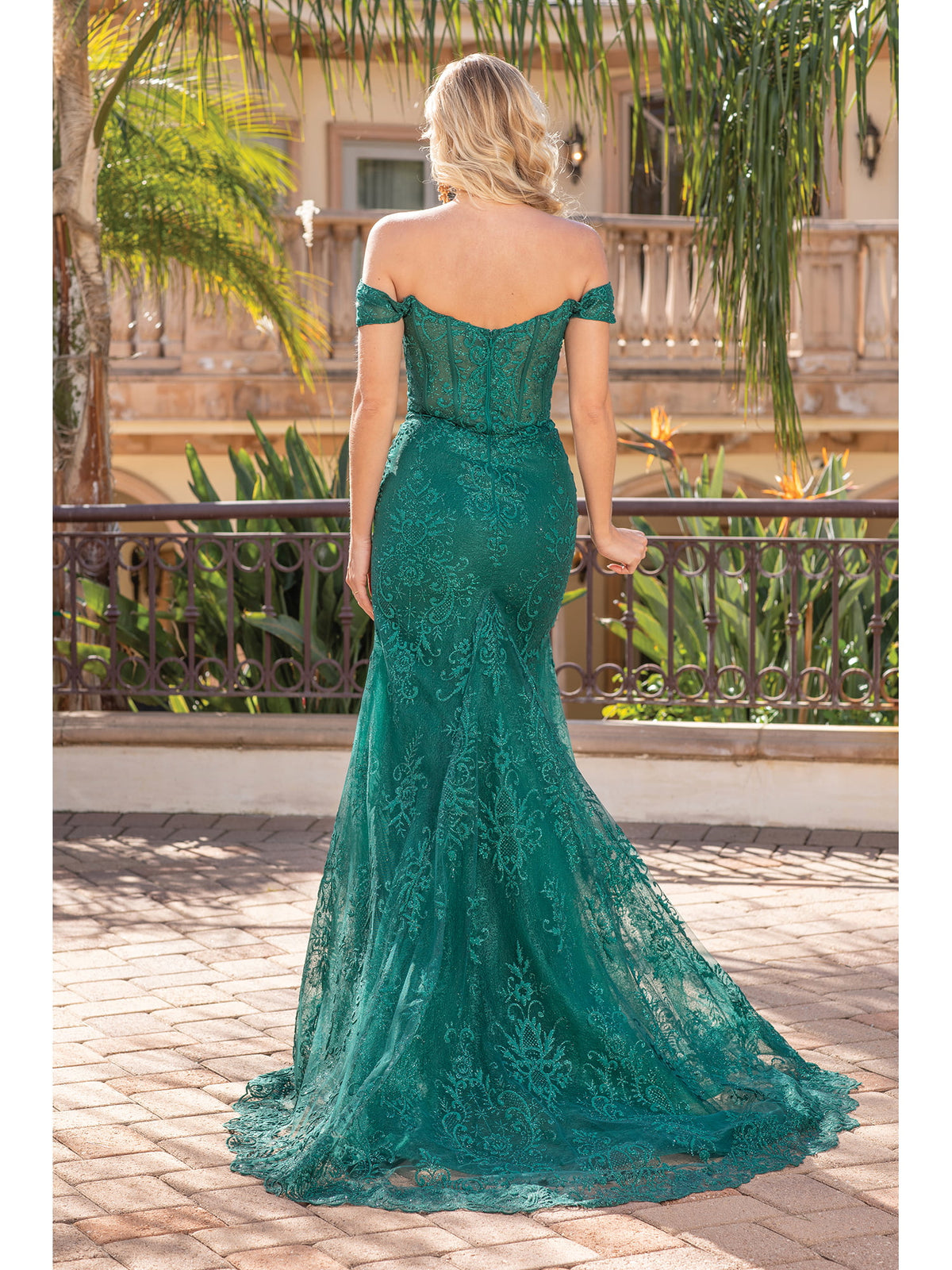 Dancing Queen 4332 prom dress in hunter green, back view