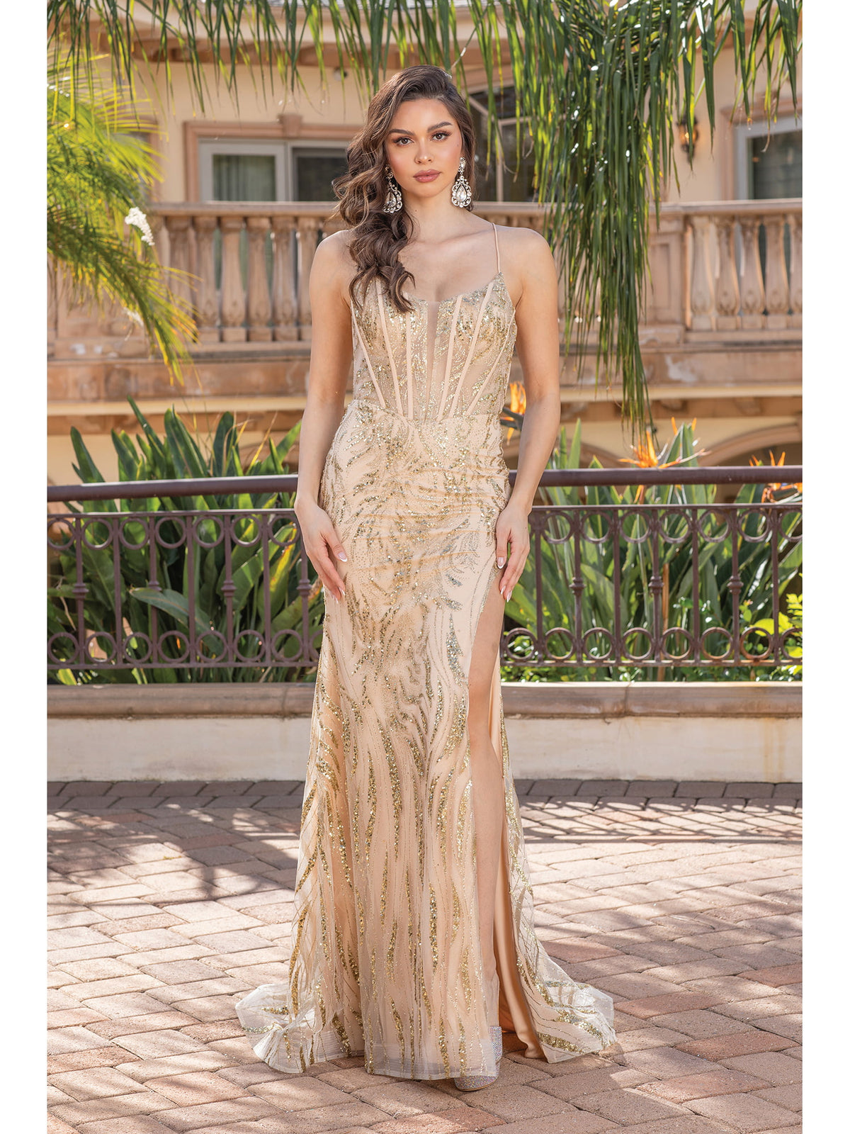 Dancing Queen 4334 prom dress in gold, front view