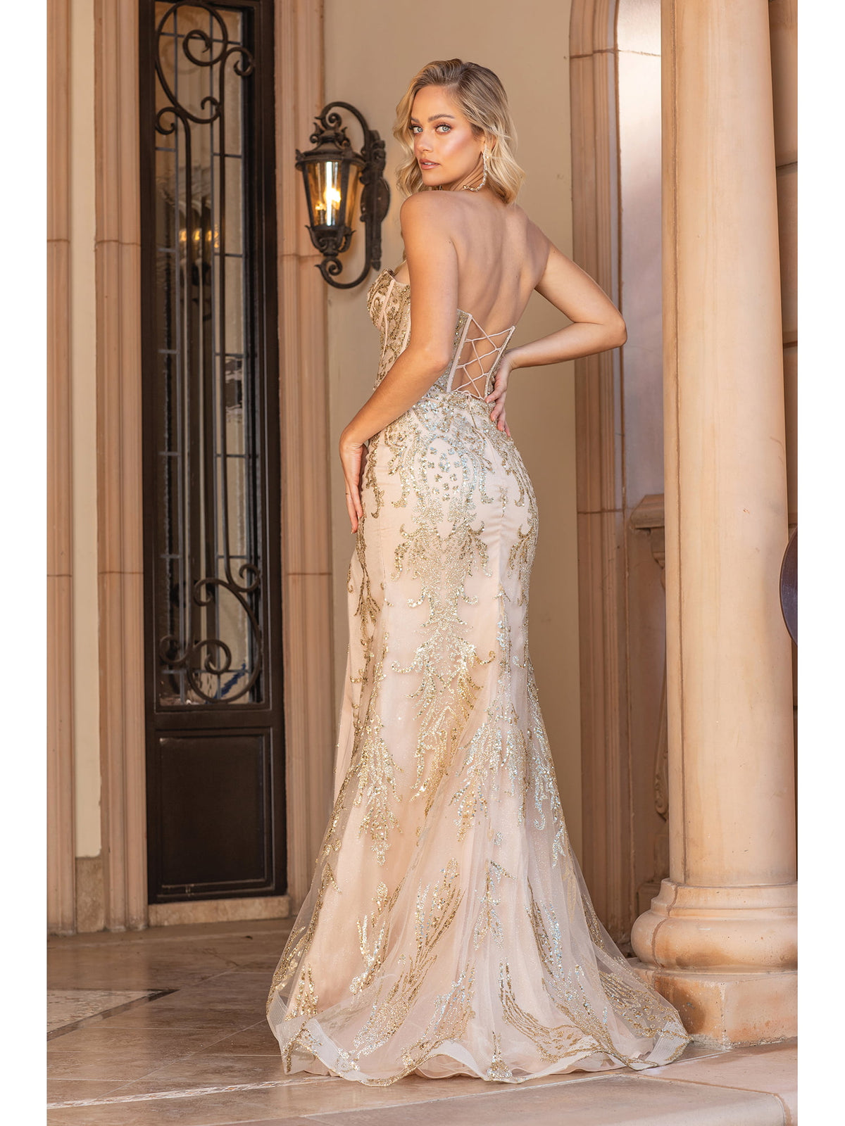 Dancing Queen 4335 prom dress in gold, back view