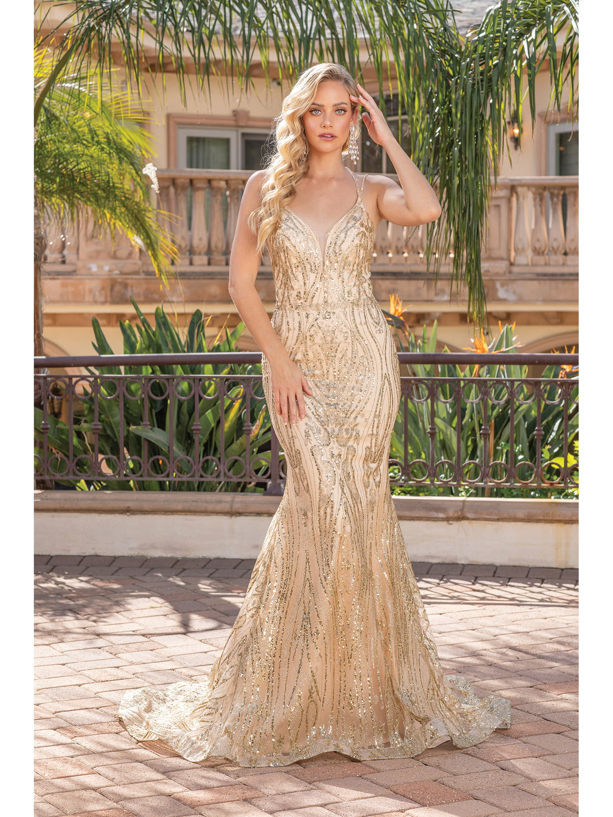 Dancing Queen 4337 prom dress in gold, front view