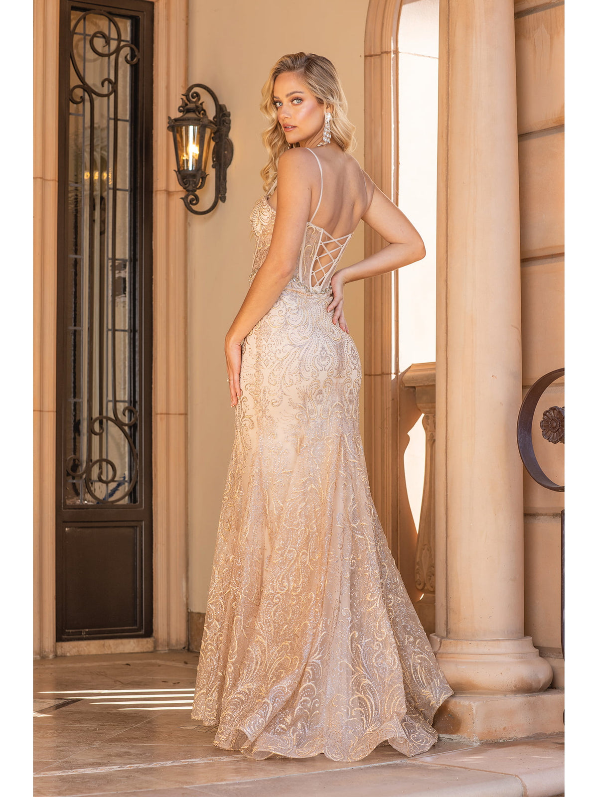Dancing Queen 4341 prom dress in gold, back view