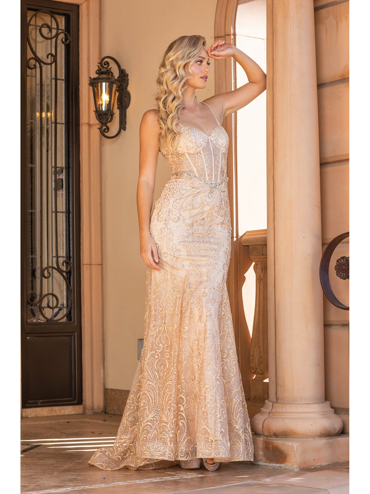 Dancing Queen 4341 prom dress in gold, front view