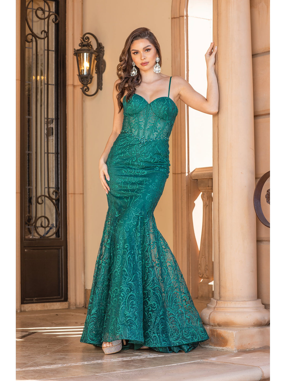 Dancing Queen 4341 prom dress in hunter green, front view
