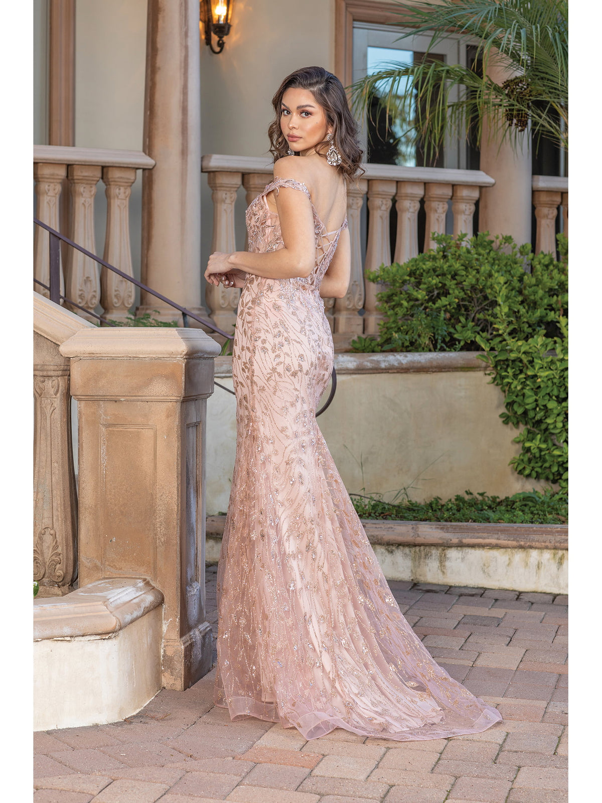 Dancing Queen 4343 prom dress in rose gold, back view