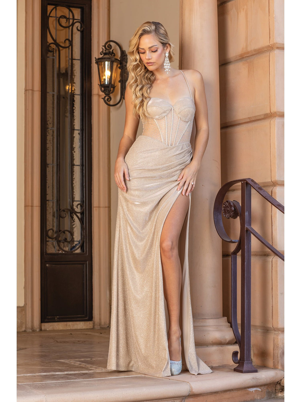 Dancing Queen 4346 prom dress in champagne, front view
