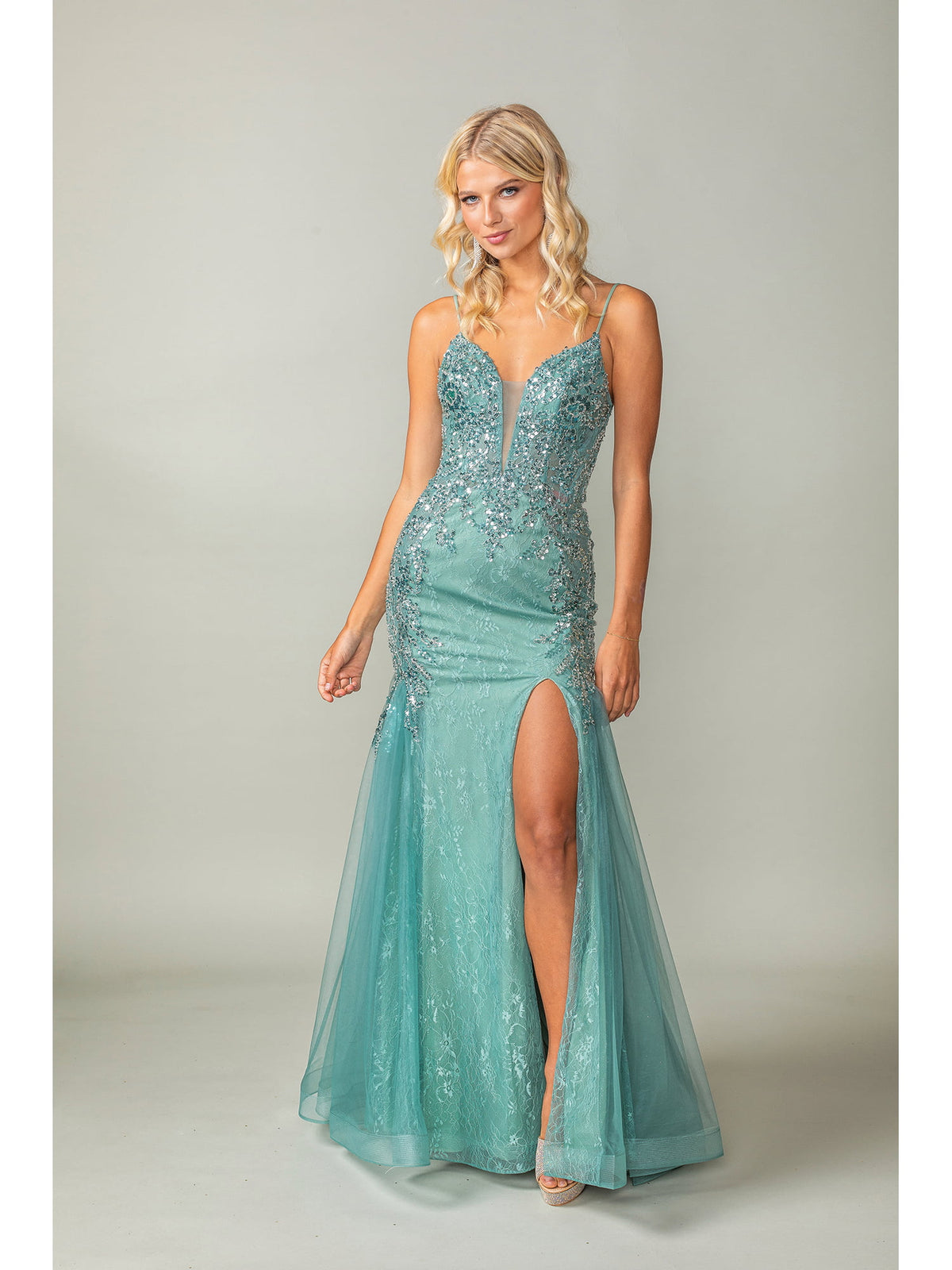 Dancing Queen 4352 prom dress in sage, front view
