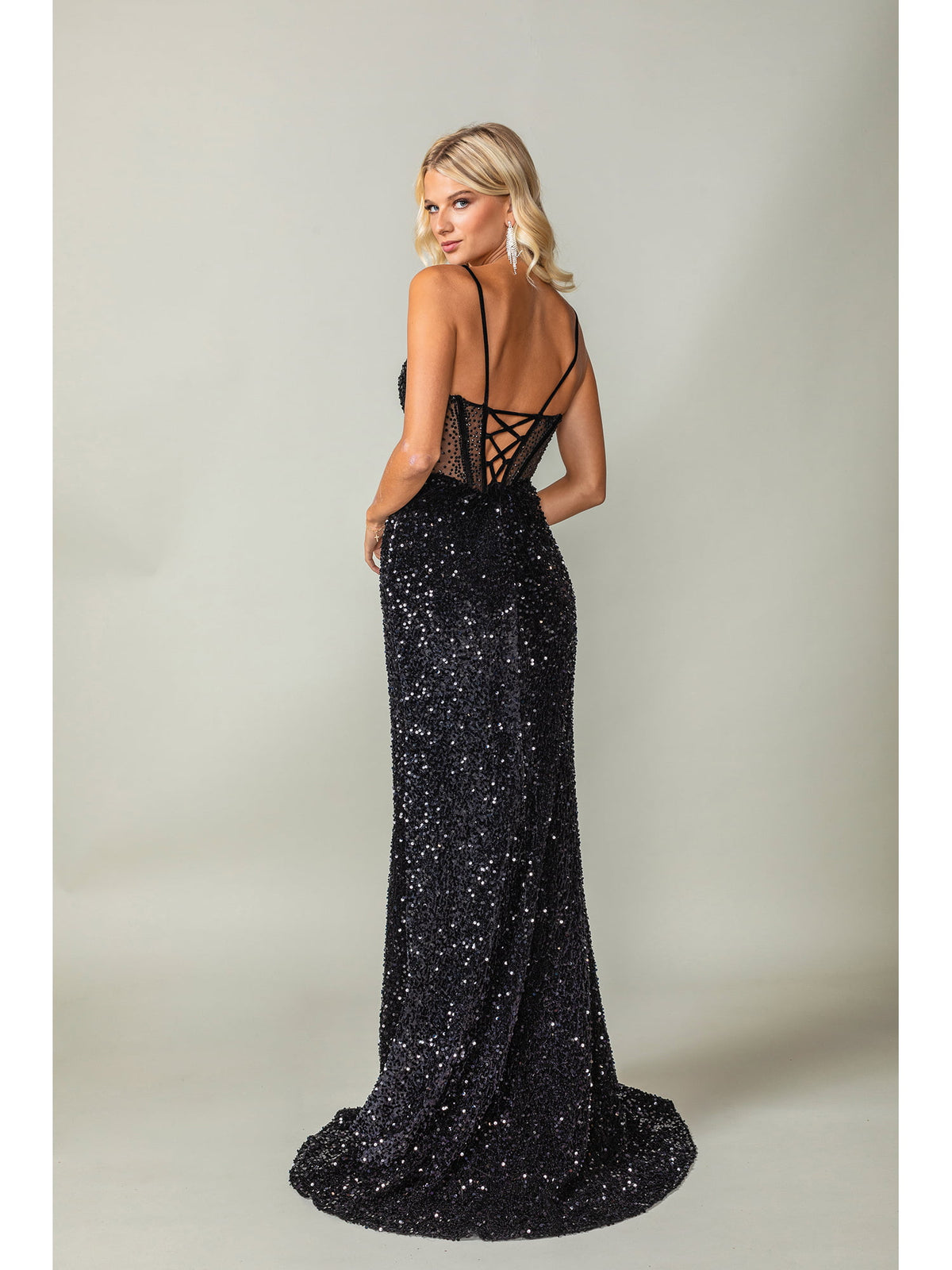 Dancing Queen 4360 prom dress in black, back view