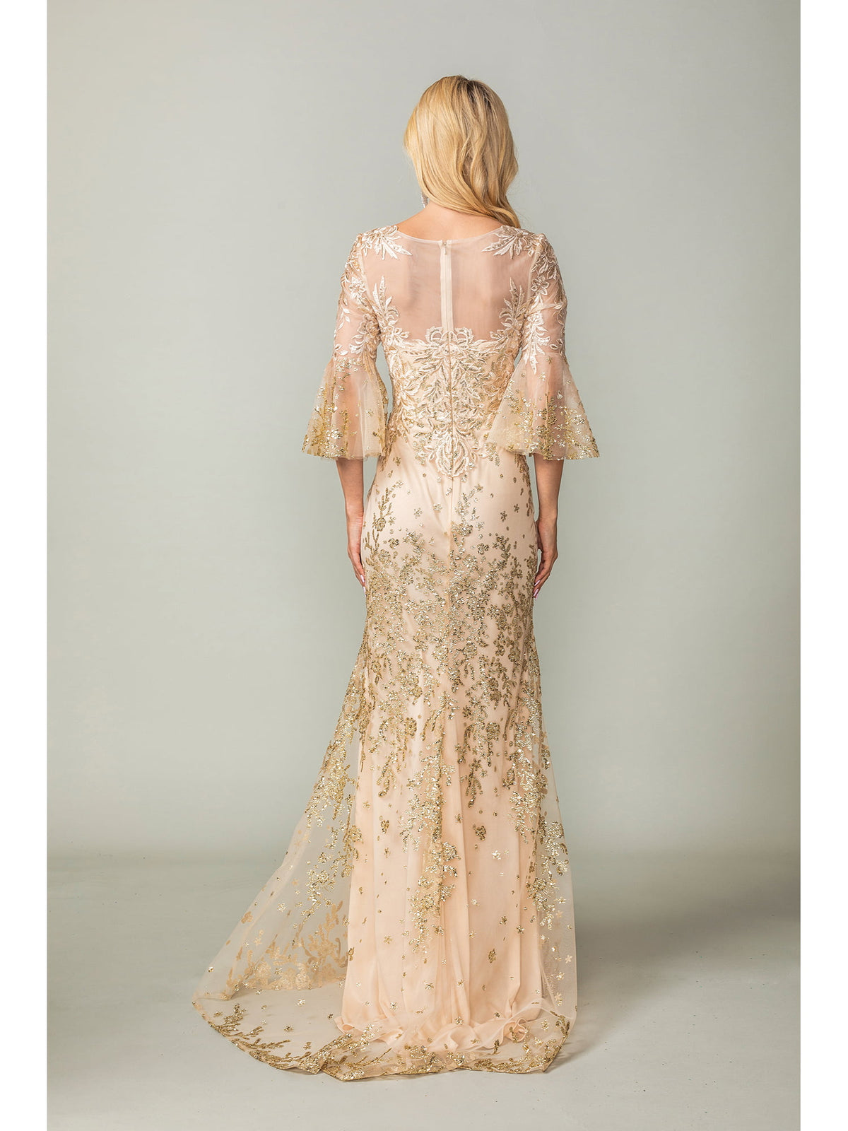 Dancing Queen 4361 prom dress in gold, back view