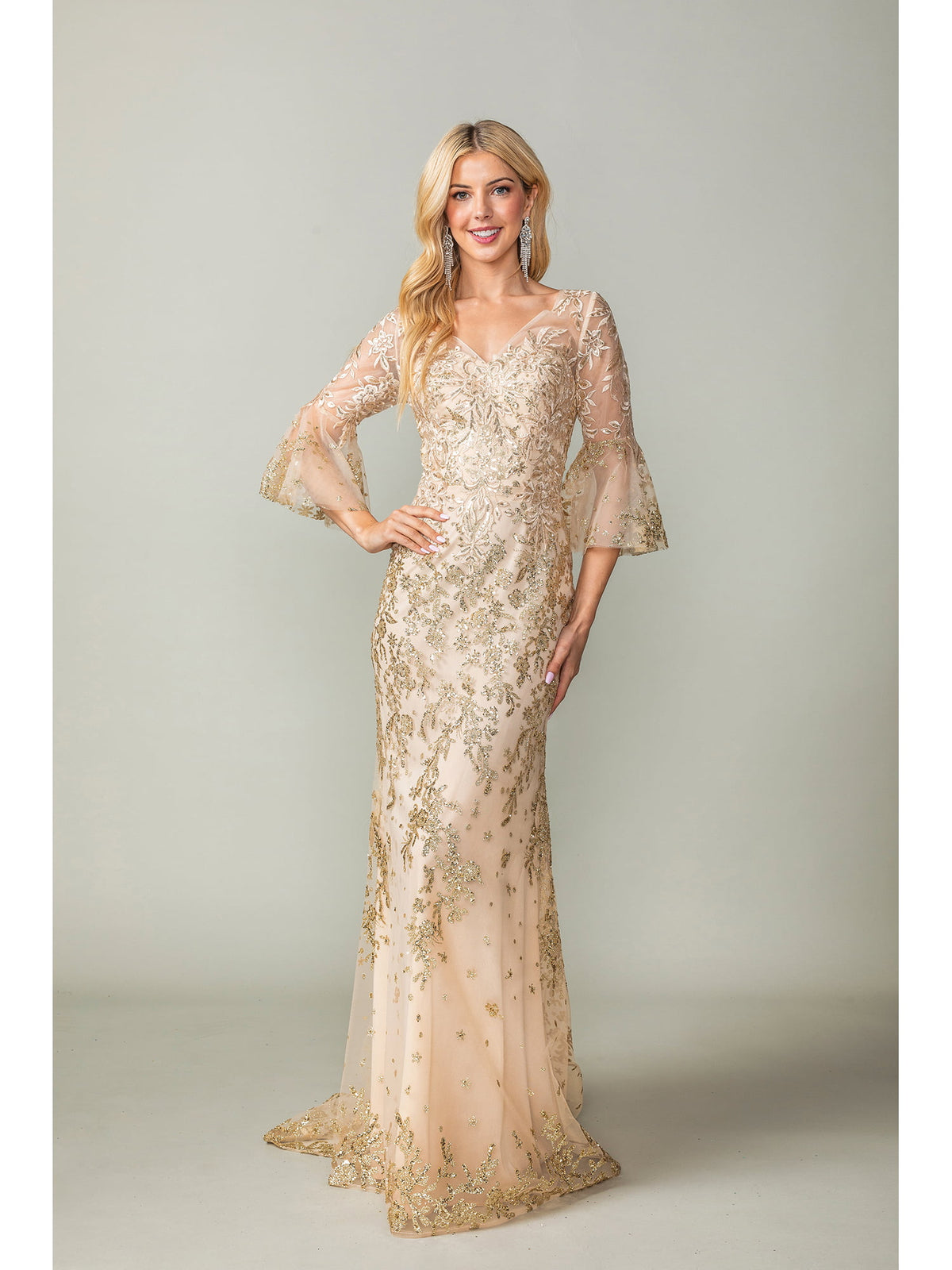 Dancing Queen 4361 prom dress in gold, front view