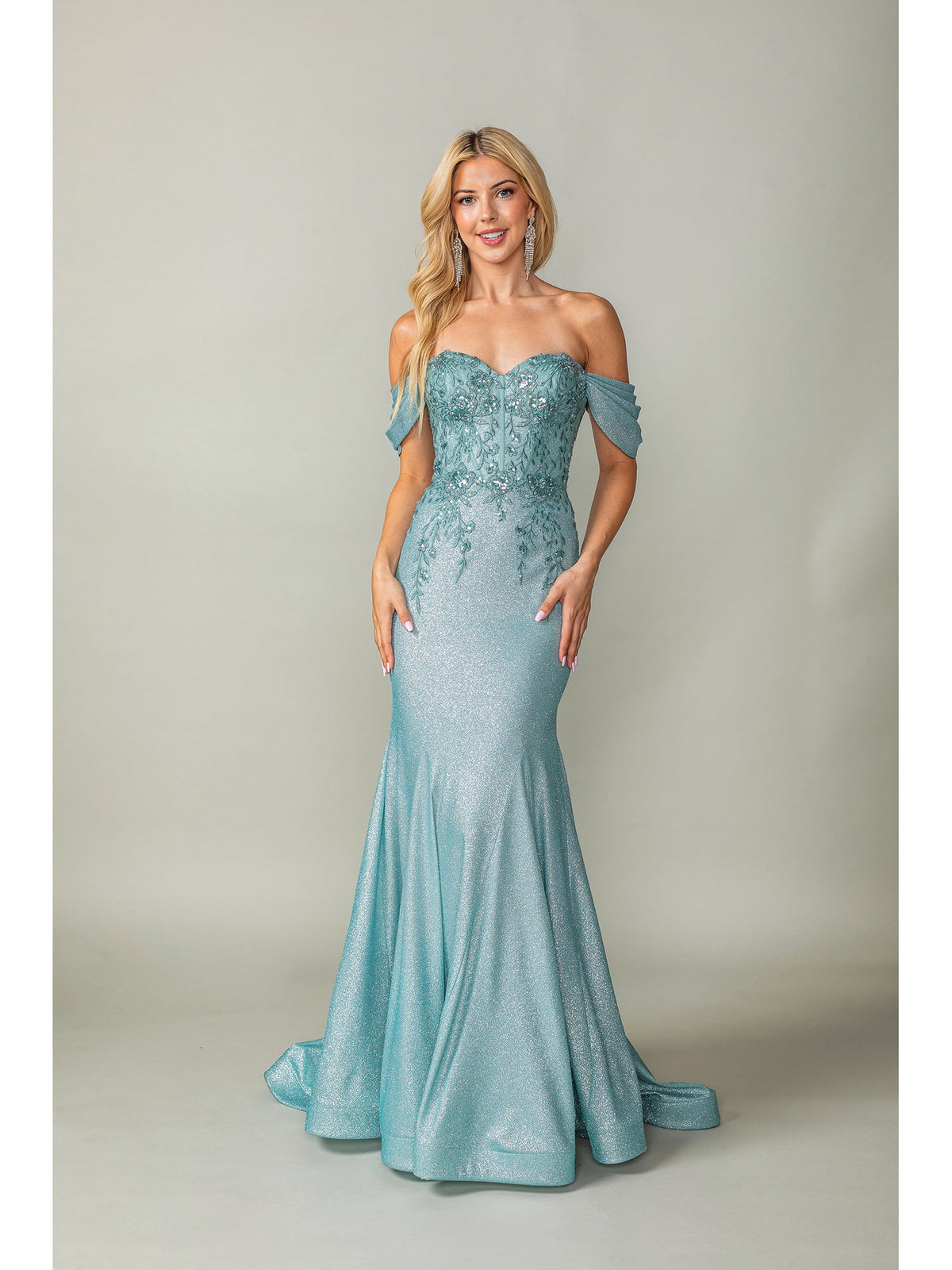 Dancing Queen 4362 prom dress in sage, front view