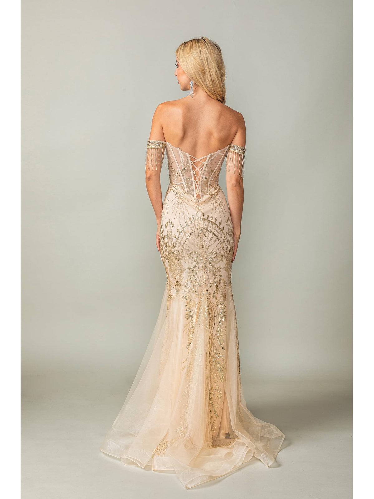 Dancing Queen 4365 prom dress in gold, back view