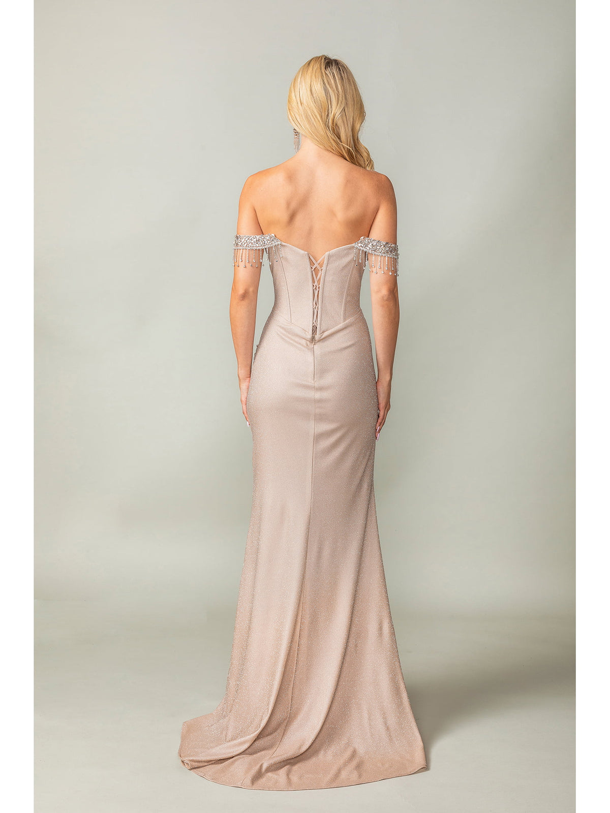 Dancing Queen 4368 prom dress in mocha, back view