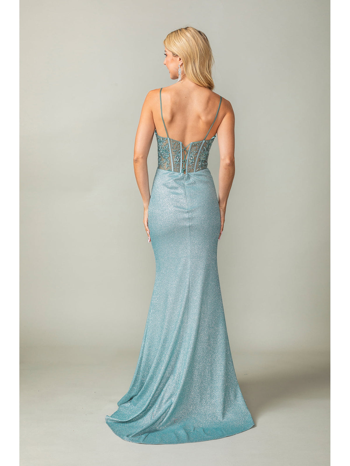 Dancing Queen 4369 prom dress in sage, back view