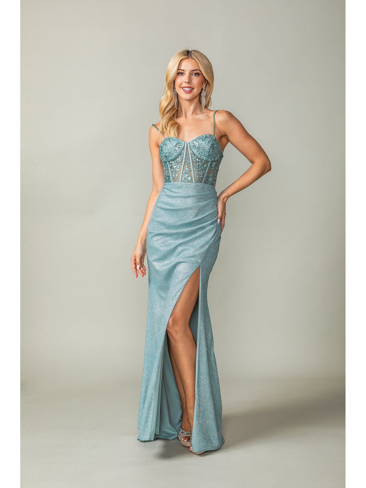 Dancing Queen 4369 prom dress in sage, front view