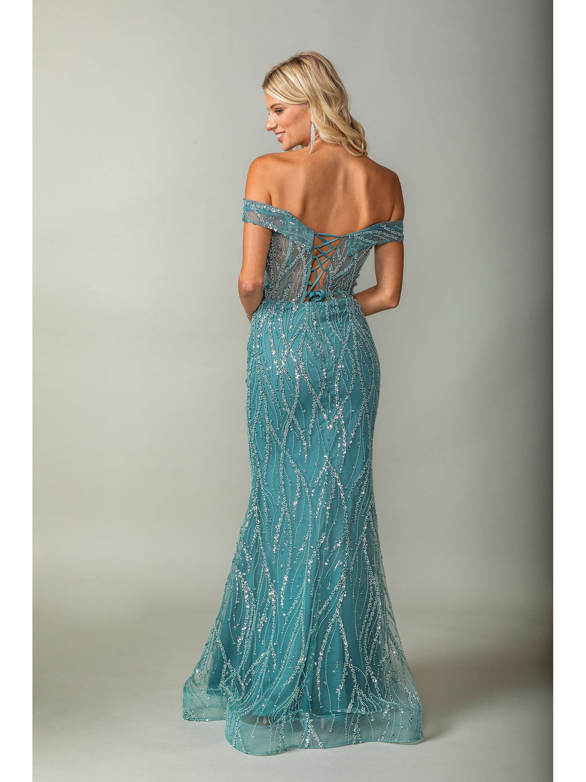 Dancing Queen 4370 prom dress in sage, back view
