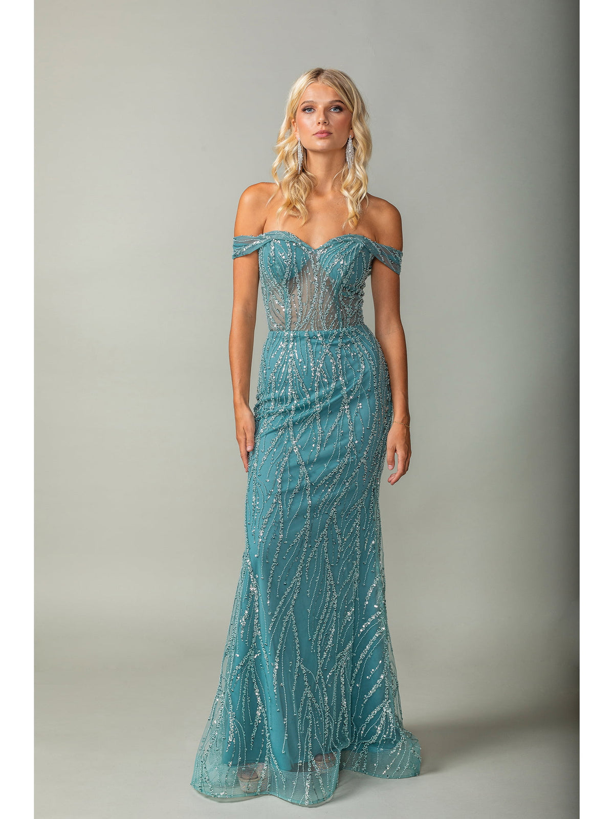 Dancing Queen 4370 prom dress in sage, front view